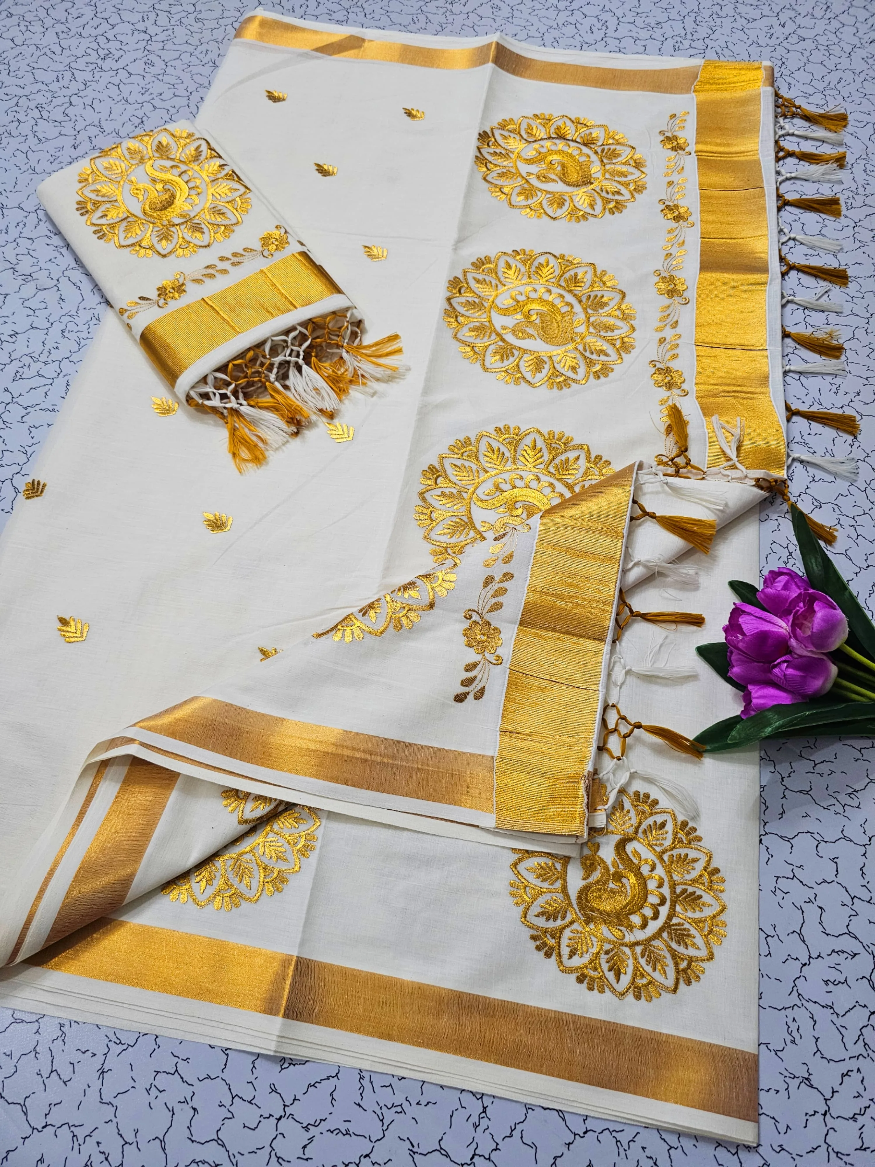 Off White Kasavu Cotton Saree with Gold Zari Peacock Embroidery and Broad Gold Border